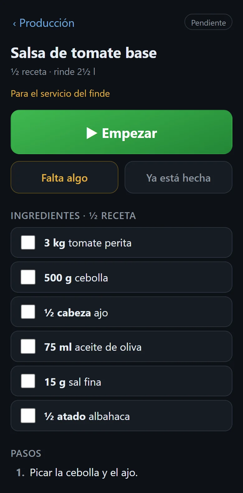 Receta abierta en cocinAR con ingredientes y botón Empezar